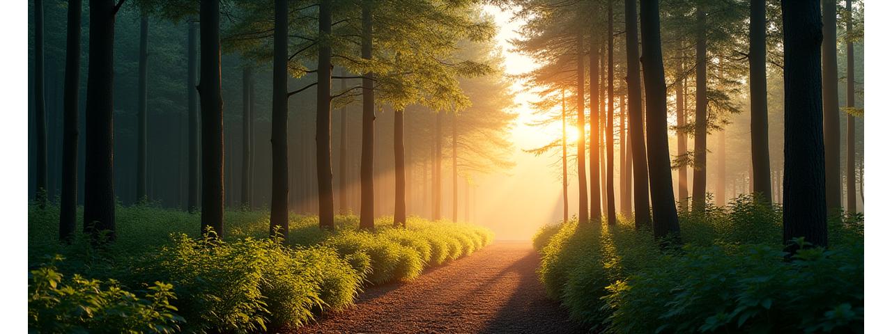 日本の美しい森に差し込む夕日のイメージ